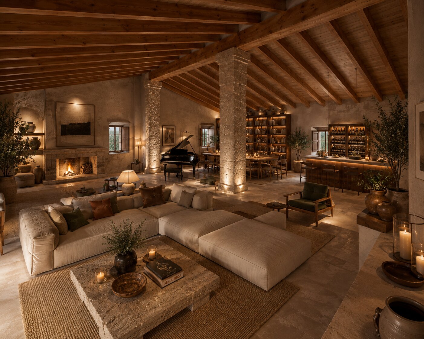 Gran salón con chimenea, render del proyecto hotelero